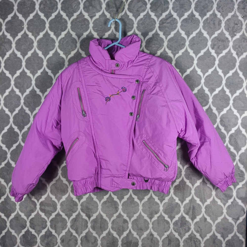 VTG Skitique Ski Jacket Women Size Large Purple Pastel 80s 90s Down Fill Floral